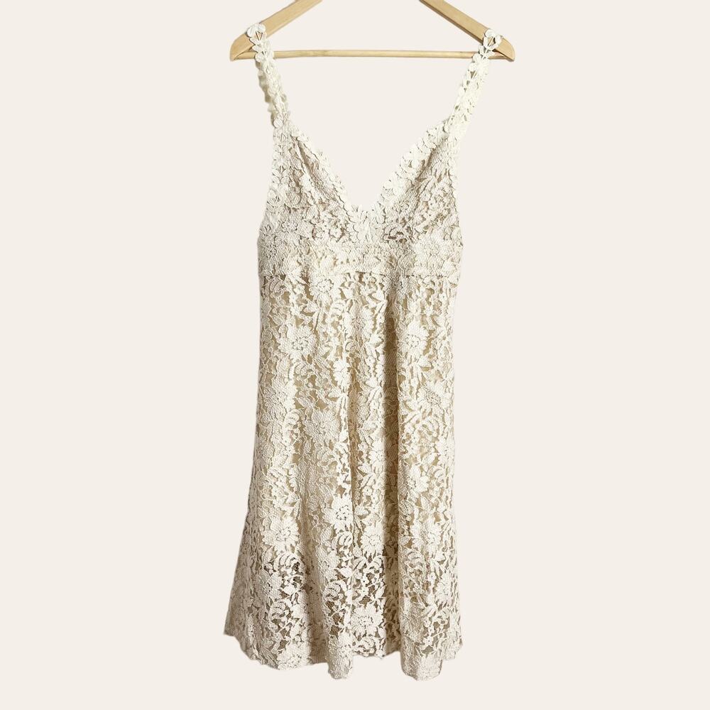 Masala Beige Floral Lace Plunge V-Neck Sleeveless A-Line Dress Size M